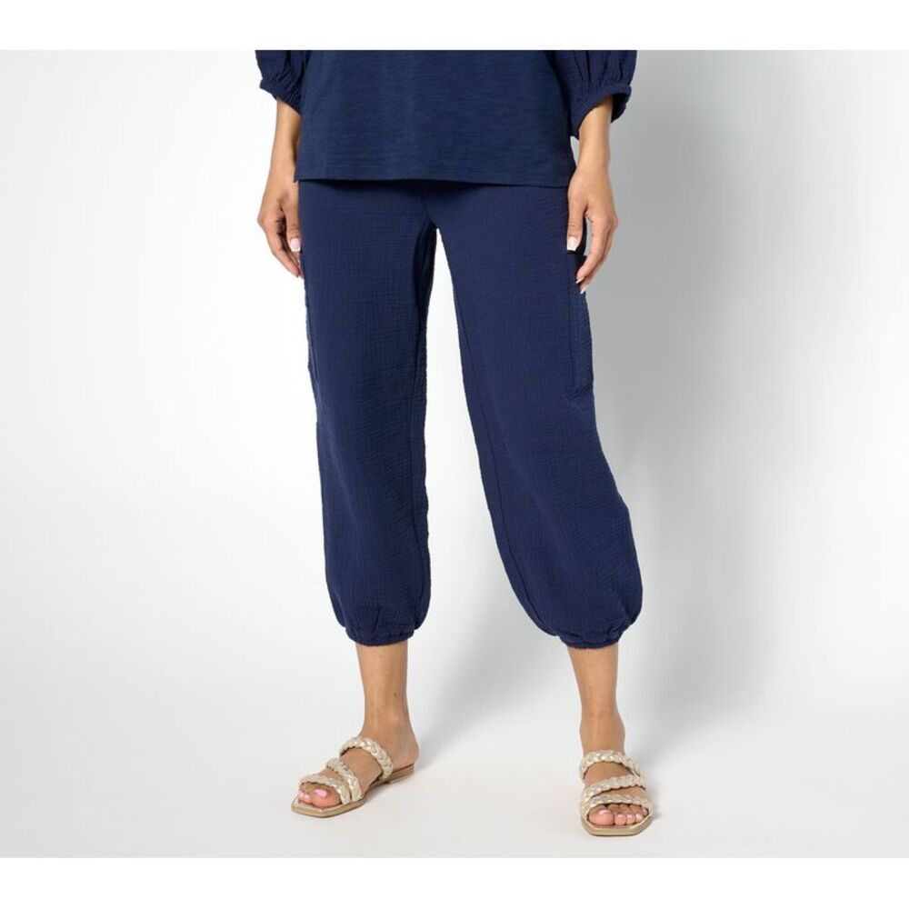 Belle by Kim Gravel Navy Cropped Elastic-Hem Pants Med.